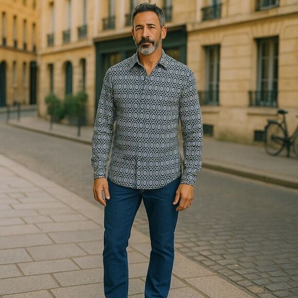 Men’s J. McLaughlin Tan Silk Blend Abstract Print Button Down Shirt Size Medium - Picture 1 of 7